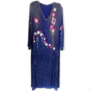 Vintage Royal Blue Sequin Beaded Dress Lined Shoulder Pads Mesh Pink Gold Gatsby
